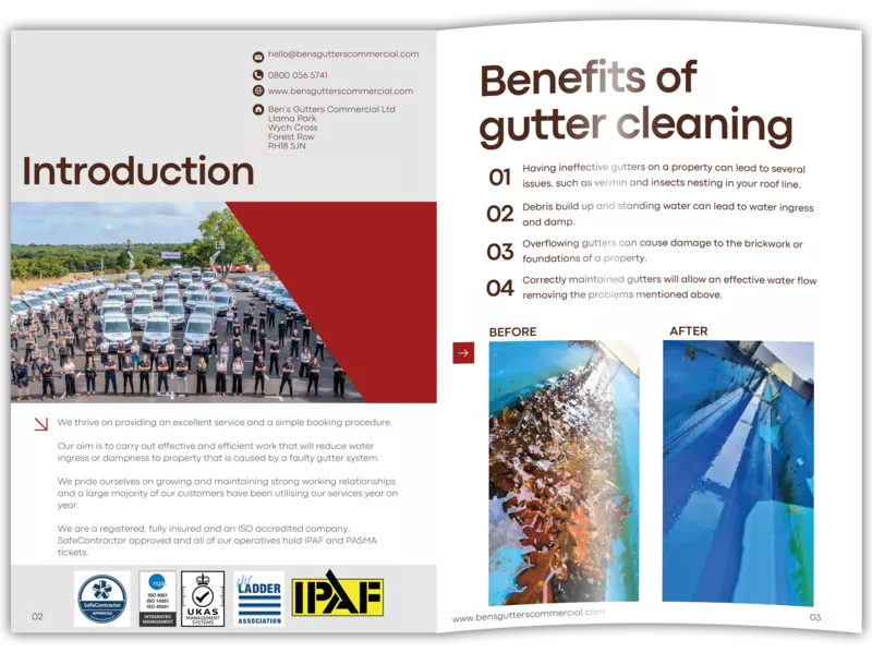 Graphic showing the Ben's Gutters brochure open in the first pages.