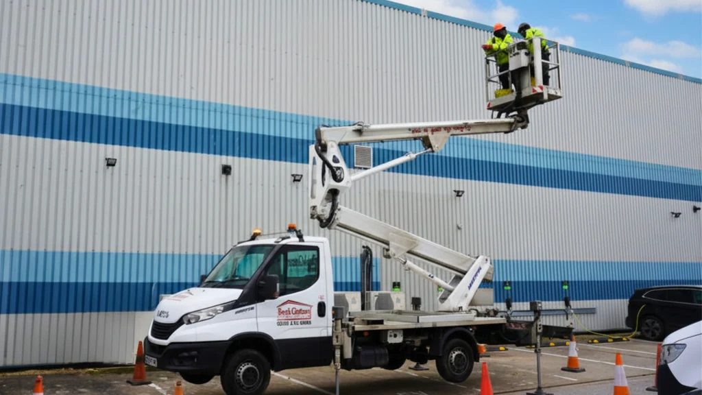Ben's gutters cleaners on cherry picker carrying out gutter clearance work