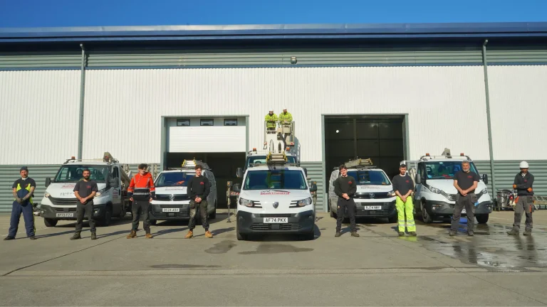 Photo of staff and vehicles in front of the workshop.
